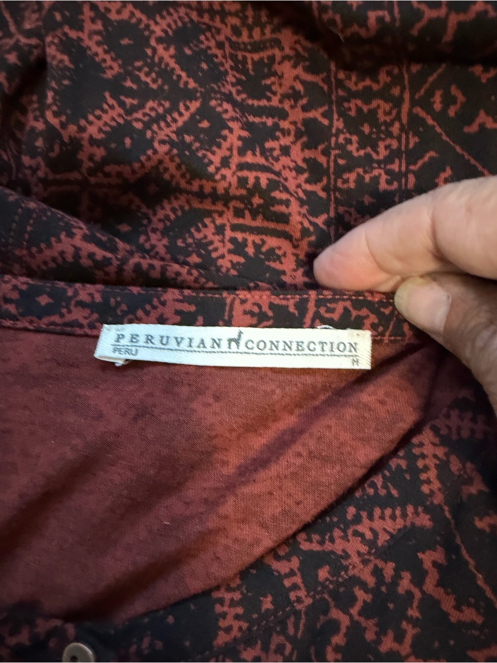Peruvian Connection Tangier Fretwork Burgundy Long-Sleeve Tunic Dress M Boho EUC - Picture 6 of 8